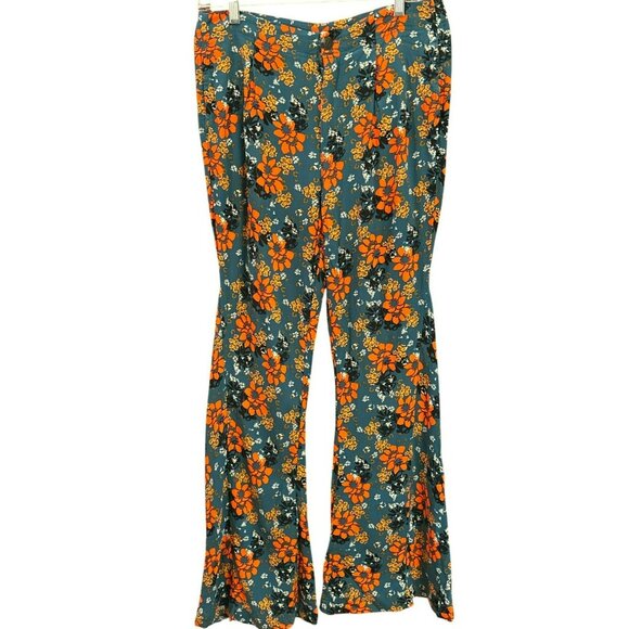 Free People Women's Green Orange Bohemian Bell Bottom Pants Medium Festival - Picture 1 of 6
